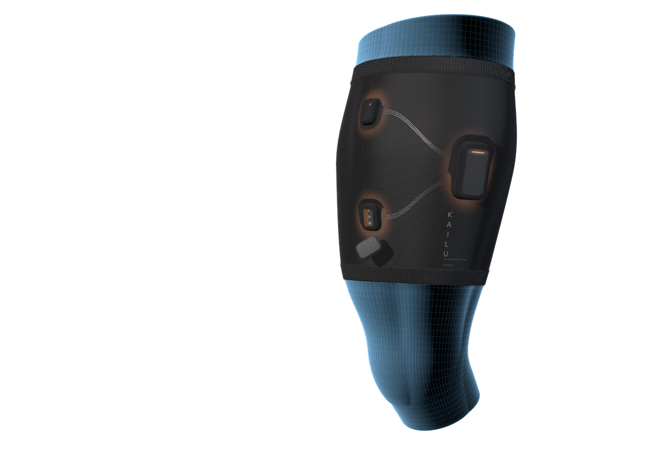 The KAILU sleeve on a thigh: hub pod on the outer quad, two satellite pods on the front, one lifted to show its gold contacts
